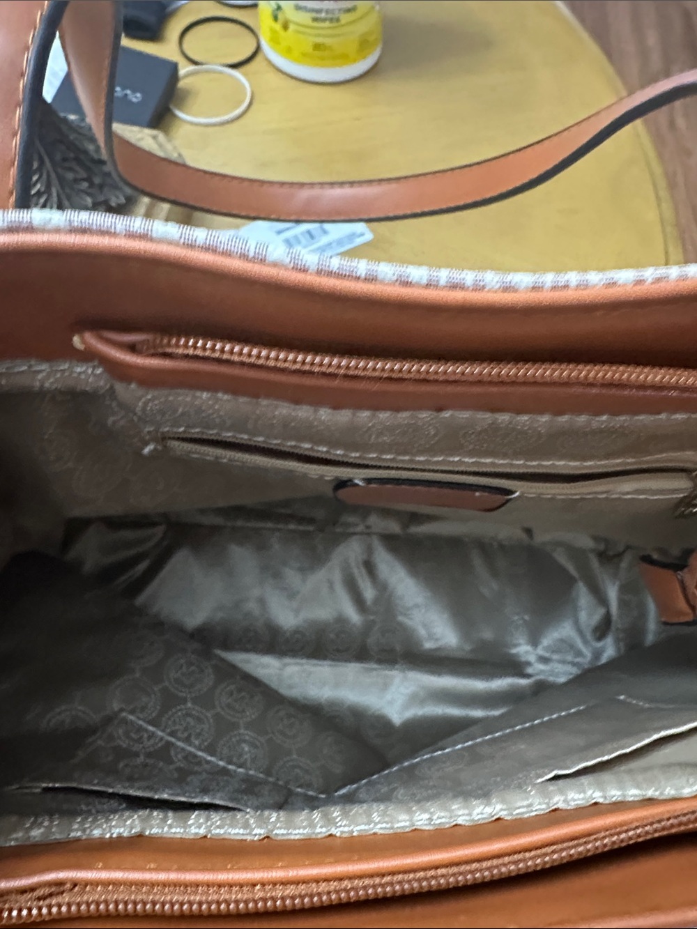 Michael Kors Cream and Tan MK Logo Shoulder Tote - Picture 6 of 10
